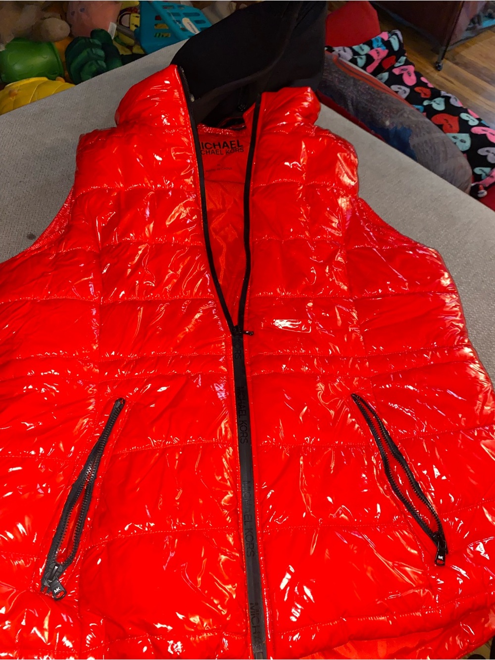 Michael Kors Men's Shiny Red Quilted Puffer Vest with Black Trim